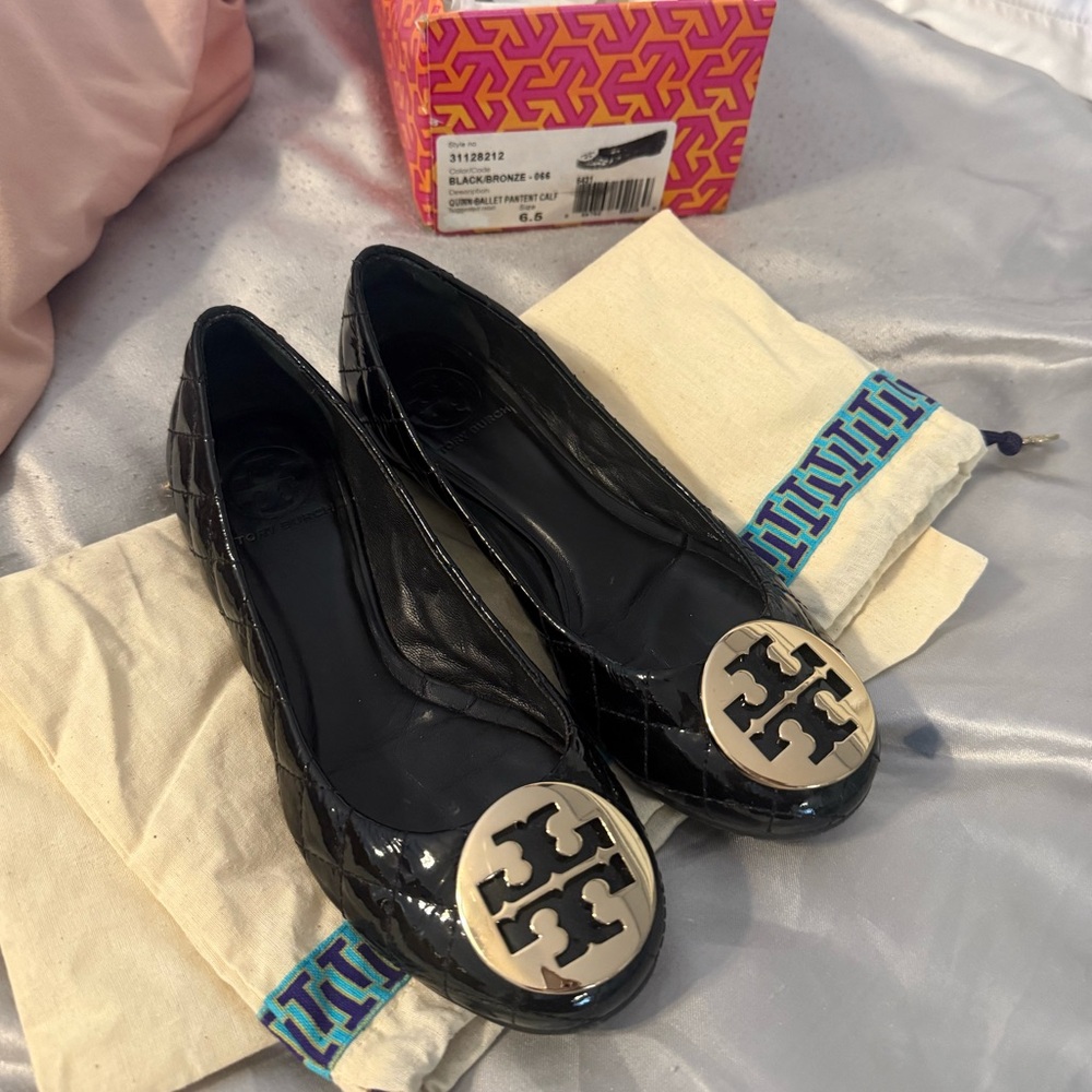 Tory Burch Ballet Patent Calf Flats - Black and Bronze